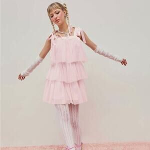 Cider Light Pink MESH U-NECKLINE TIERED BOWKNOT‎ MINI DRESS Size XL NWT